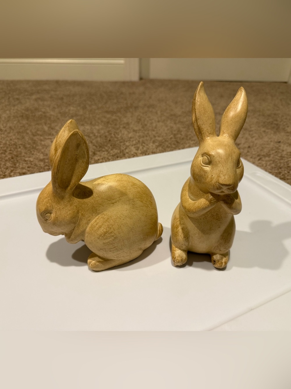 Set of 2 Decorative Bunny Figurines in Warm Honey Wood Tone